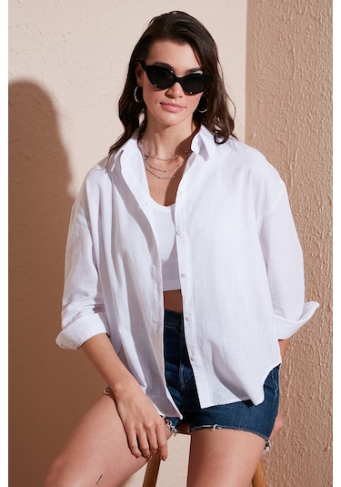 Lela Pamuklu Regular Fit Uzun Kollu Düz Bayan Gömlek Cf25S168305 Beyaz