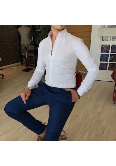 Italyan Stil Slim Fit Dik Yaka Saten Erkek Gömlek Beyaz T4754