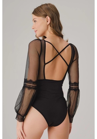 Tüllü Dantelli Uzun Kol Badi SIYAH