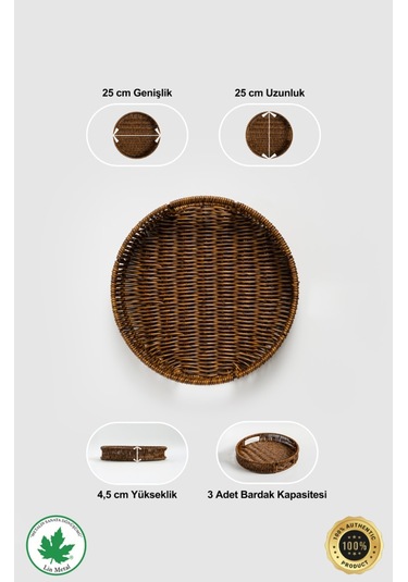 Yuvarlak Hasır Tepsi, Kulplu Sunum Tepsisi, Servis Tepsisi, Kahve Tepsisi, Keyif Tepsisi, Modern Hasır Tepsi - 25 Cm Kahverengi