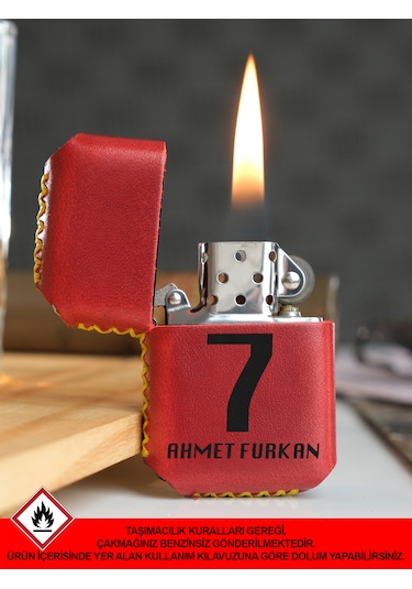 Hakiki Deri Kılıflı Sarı Kırmızı Taraftar Benzinli Çakmak