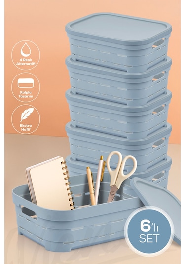 Vienev 6'lı Kapaklı 2,8 Litre Delikli Saklama Kutusu Mavi Mavi