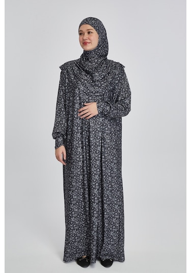 Pratik Tek Parça Çiçek Desenli Namaz Elbisesi Siyah