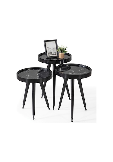 3'Lü Ahşap Yuvarlak Zigon Sehpa Siyah Içi Siyah Mermer Polen Lüx