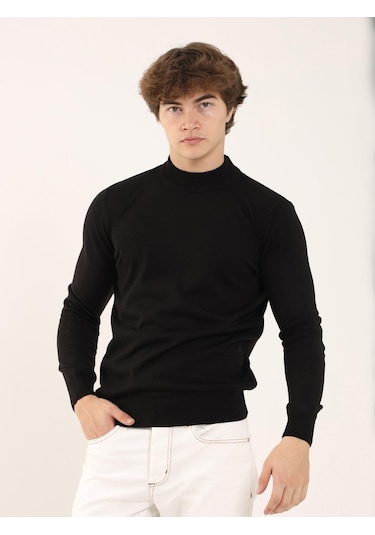 Dufy Siyah Erkek Slim Fit Yarım Balıkçı Yaka Triko - 91107 Siyah