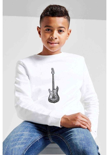 Drawing Elektro Guitar Red Baskılı Unisex Çocuk Beyaz Sweatshirt