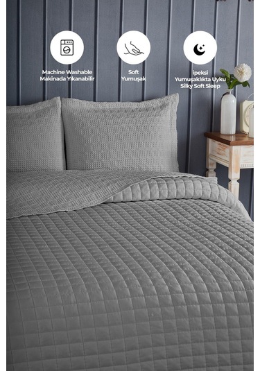 Evlen Home Joy Pamuklu Yatak Örtüsü Seti Çift Kişilik 3 Parça Elyaf Dolgulu Yumuşak Günlük Yıkanabilir Gri