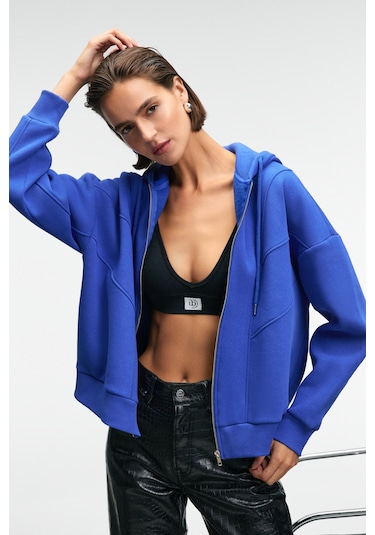 VYSELLE Kadın Önü Kesikli Metal Fermuarlı Kapüşonlu Etiket Detaylı Oversize Mavi Sweatshirt