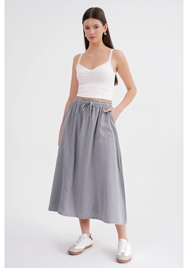 4633 Kadın Yandan Cepli Parçalı Etek Gri Gri