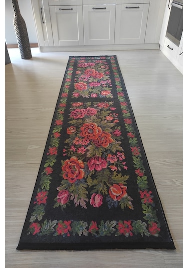 Karabağ Yolluk Yeşil Siyah Mutfak Halısı Yıkanabilir Kilim