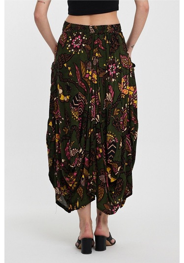 Schık Kadın Viskon Empirme Çiçek Baskı Bohem Stil Cepli Bel Lastikli Etek Haki