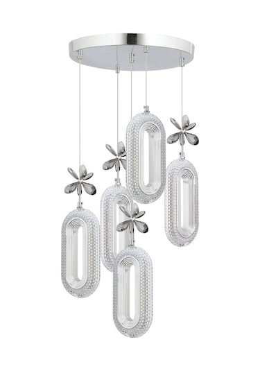 Led Alfa 5'li Gümüş 3 Renk Ledli Kristal Taşlı Modern Led Avize Krom