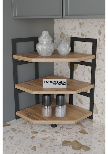 Akın Köşe Baharatlık 3 Raflı Mutfak Tezgah Üstü Köşe Raf - Çam Atlantik Çam