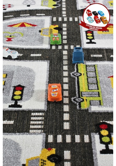 Konfor Halı 3 Boyutlu Beyaz Trafik Arabalı Dokuma Çocuk Oyun Halısı