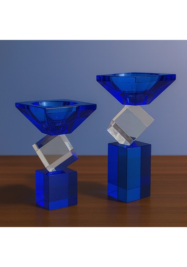 Kristal Geometrik 2 Li Şamdan Seti Mavi 20x9