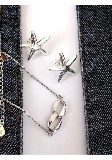Gümüş Deniz Yıldızı Küpe Tifany Tasarım Kolye Kadın Set