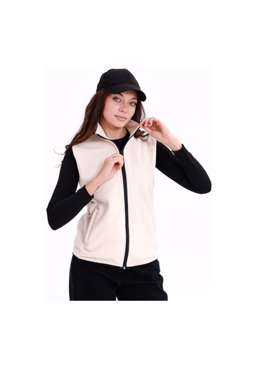 Monox Kadın Slim Fit Tam Fermuarlı Polar Yelek Bej