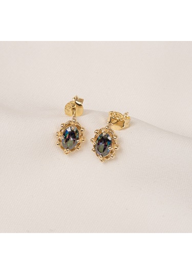 Altın Küpe - 14 Ayar Altın Vintage Tasarım Mistik Topaz Taşlı Küpe Sarı