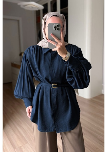Kahijab Kemerli Vatkalı Gömlek - Lacivert