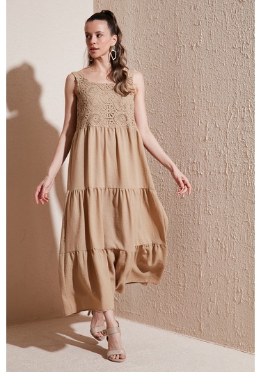 Lela Relaxed Fit Volanlı Uzun Bayan Elbise 611El010 Vizon