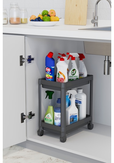 2 Katlı Düzenleyici Mutfak Rafı Banyo Rafı, Dolap Tezgah Altı Evye Altı Deterjanlık - Siyah Siyah