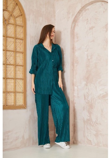 Kadın Pliseli Beli Lastikli Pantolon Tunik Gömlek Ikili Bürümcük Salaş Takım 3573300 Zümrüt
