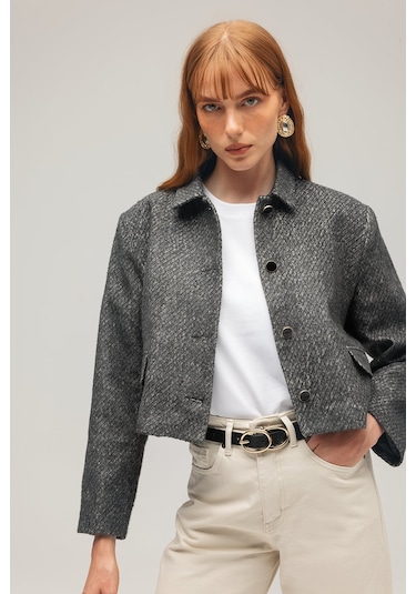 Sââde Kadın Modern Fit Uzun Kollu Düğmeli Dokuma Ceket Antrasit