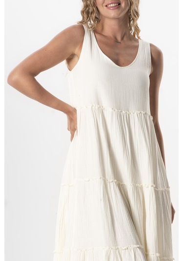 Kolsuz Artemis Oval Yaka Yıldız Baskılı Midi Boy Müslin Yazlık Elbise Kırık Beyaz Krkbyz Kırık Beyaz