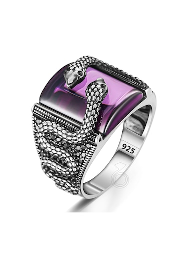 925 Ayar Gümüş Yılan Tasarım Ametist Taşlı Erkek Yüzük Gümüş