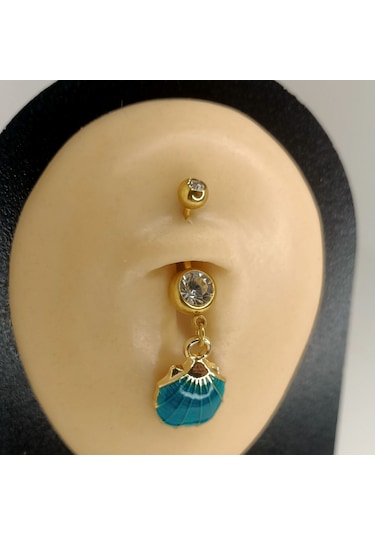 Aya Tasarım Gold Renk Turkuaz İstiridye Figürlü Göbek Piercing Altın