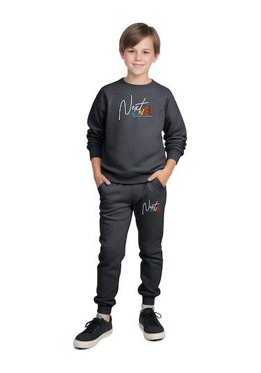 Erkek Çocuk Bisiklet Yaka Next Level Baskılı Eşofman Takımı Füme