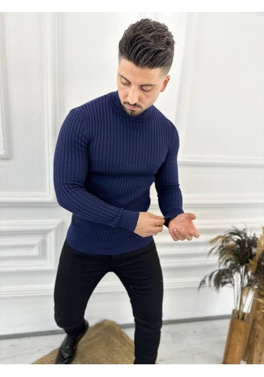 Kazak Slim Fit Tüylenmez Naturel Pamuk Triko Boğazlı Balıkçı Yaka Kazak Lacivert
