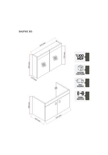 Karen Banyo Dafne 85 Cm, Mdf Lavabolu Banyo Dolabı Seti, Mdf, Lavabo Dahil Dafne