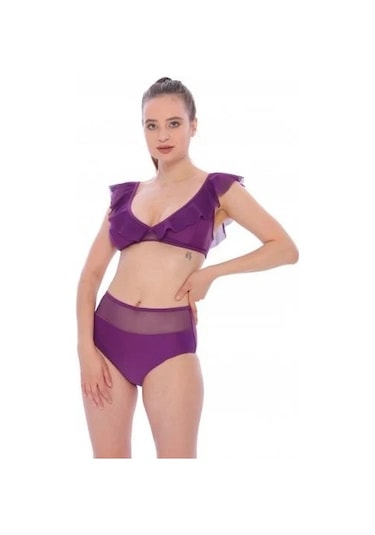 Argisa Düz Fırfırlı Yüksek Bel Yeni Bikini Mor
