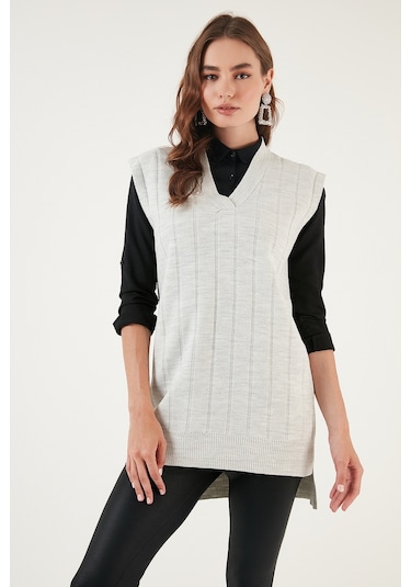 Lela V Yaka Uzun Triko Bayan Süveter 4616088 Kar Gri