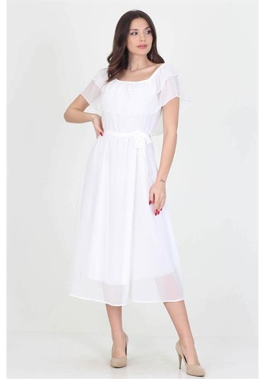 Neşeli Butik Kadın Yeni Sezon Madonna Yaka Bağlama Detaylı Şifon Elbise Ry8060 Beyaz