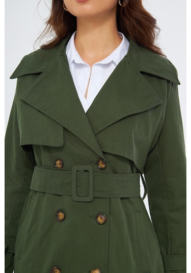 Pastelastore %100 Pamuk Gabardin Uzun 110cm Astarlı Kemerli Kadın Trençkot 1111 Koyu Haki
