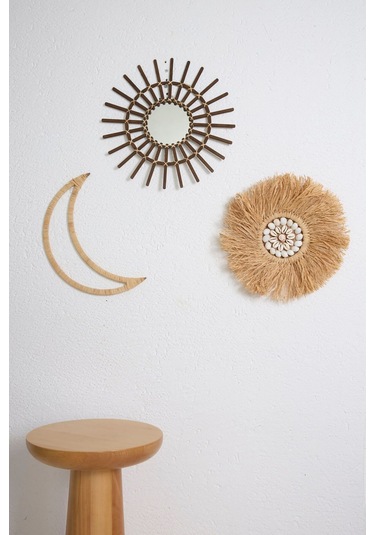 3'lü Set Rafya Deniz Kabuklu Model & Kahverengi Rattan Çubuk Ayna & Rafya Ay M073