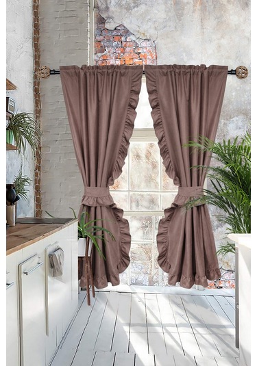 Poli Perde Çift Kanat Dikey Fırfırlı Kahve Rengi
