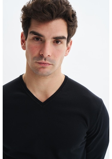 Arma Erkek Slim Fit Likralı Pamuklu Örme V Yaka Triko Kazak K0kro0854 Siyah