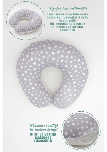 Çift Taraflı Emzirme Yastığı /bebek Destek Minderi, Hamile Yastığı, Pamuklu Kumaş, Stars Desen, Gri