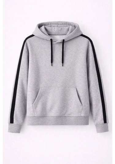 Mbb E-ticaret Erkek Şeritli Kapüşonlu Sweatshirt Oversize 3 İplik Pamuklu Hoodie - Gri