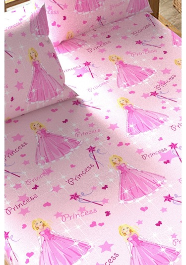 120x200 Prensesli Pamuklu Çocuk Odası Lastikli Çarşaf Takımı Pembe