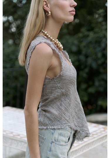 Mai Collection Mai Studios Co. Veilinas Asimetrik Kahve Keten Crop Kahve