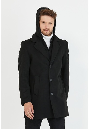 Erkek Siyah Yün Karışımlı Kaşe Kapüşonlu Önü Fermuarlı Kaban-Siyah