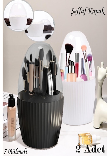 Bayev 2 Adet 7 Bölmeli Siyah + Beyaz Makyaj Fırçası Ve Kozmetik Düzenleyici Şeffaf Kapaklı Organizer