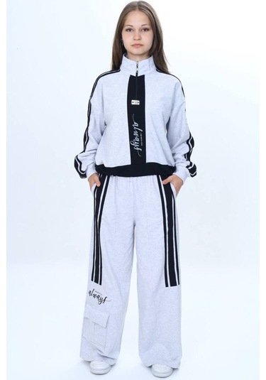 Kız Çocuk 2 İplik Yarım Fermuarlı Garnili Eşofman Takımı %100 Pamuk Rahat Kalıp-325 Gri