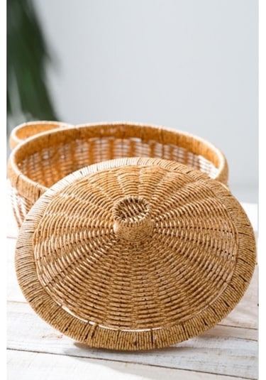 Digithome Rattan Hasır Kapaklı Çok Amaçlı Depolama Mutfak Banyo Sepeti 23 Cm Kahverengi Kahverengi