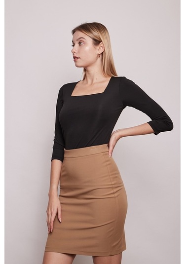 Yüksek Bel Diz Üstü Şık Kumaş Kalem Etek-Camel