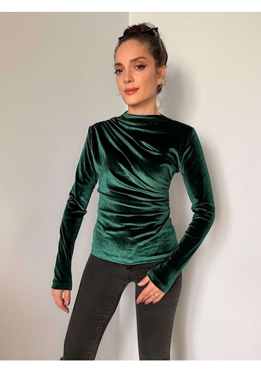 Ali Butik Yeşil Balıkçı Yaka Kadife Bluz Yeşil